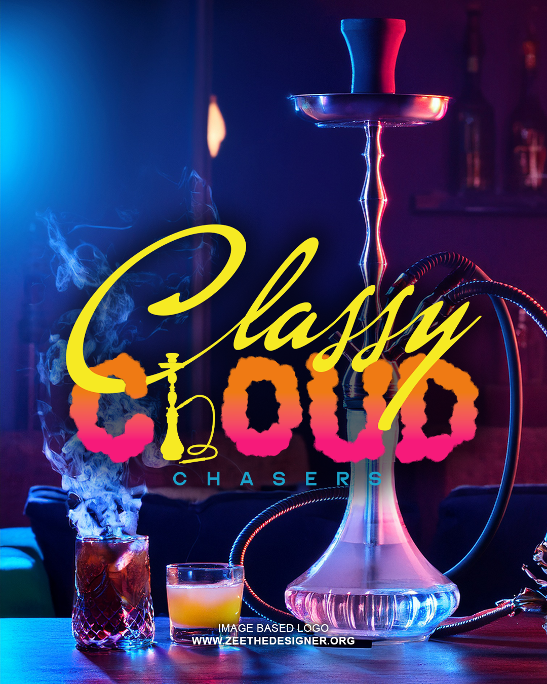 Hookah with smoke and drinks on a table, featuring 'Classy Cloud Chaser' logo.