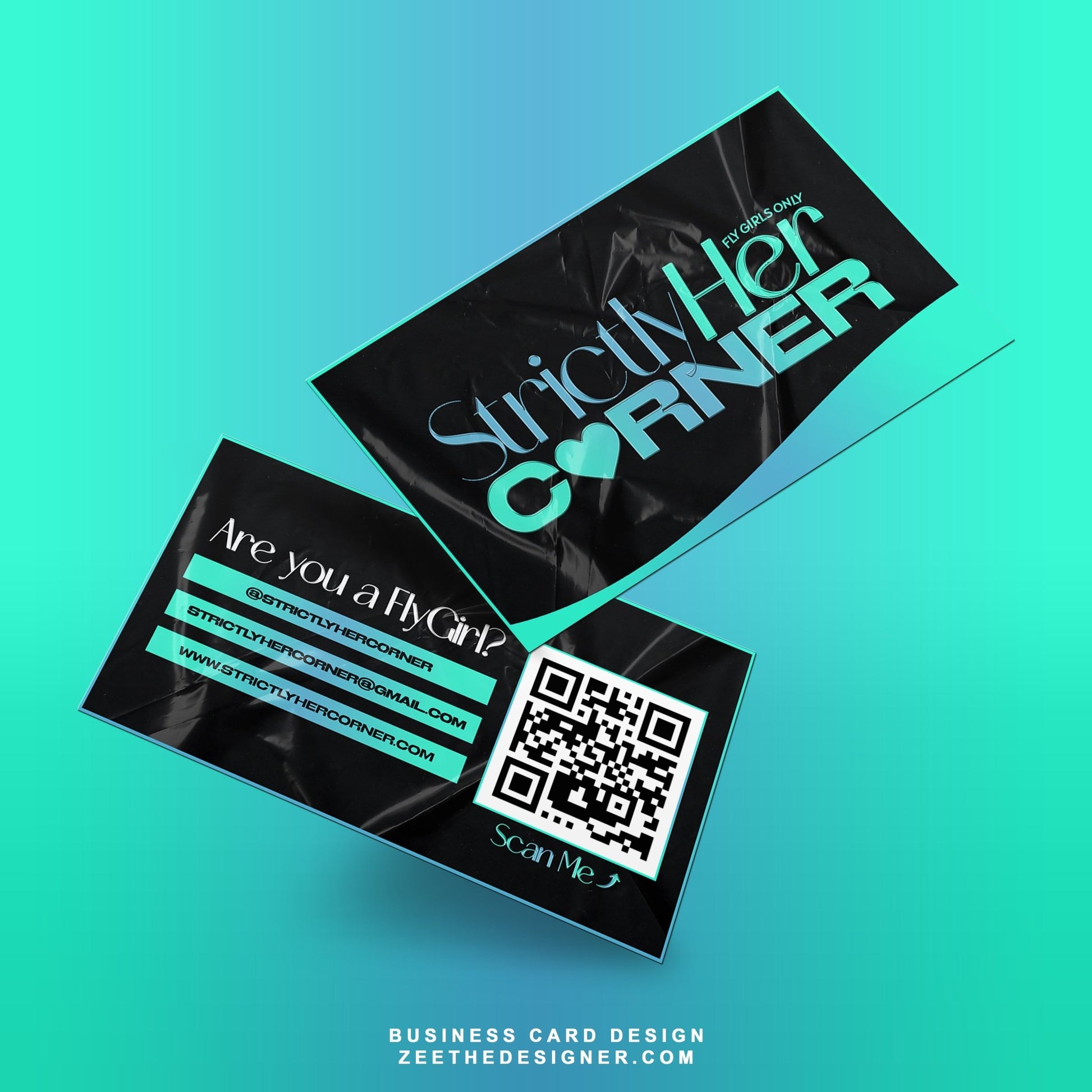 A set of business cards with black background and turquoise details, including text and a QR code.