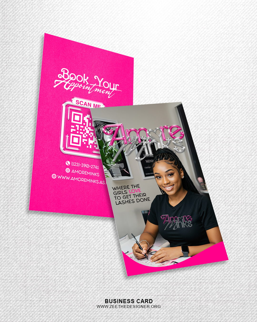 Business card with a pink border featuring a QR code and a photo of a woman, on a light gray background.